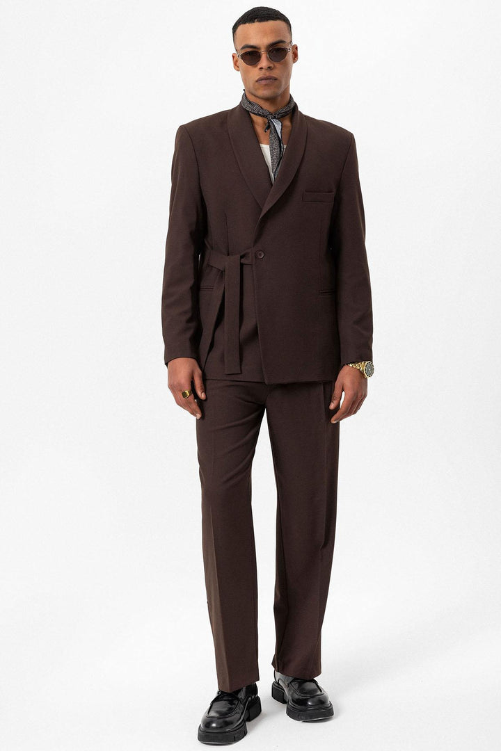 Men's Brown 100% Linen Pocket Detail Double-Breasted  Blazer - Wessi