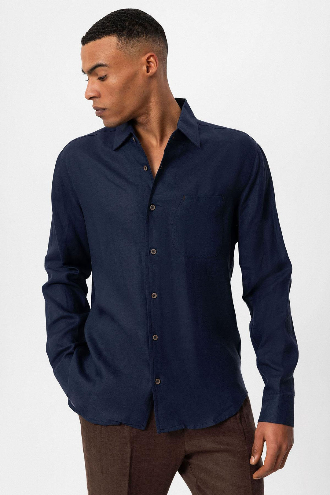 Camisa Manga Larga Hombre Azul Marino 100% Lino Wessi