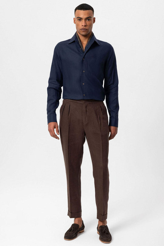 قميص رجالي كحلي 100% كتان بأكمام طويلة - ويسي