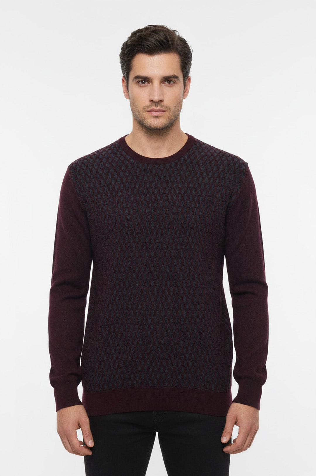 Pull Col Rond à Motifs Diamants Bordeaux - Wessi