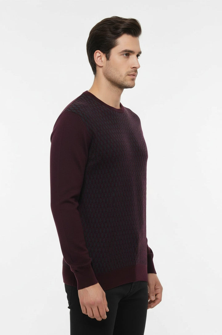 Pull Col Rond à Motifs Diamants Bordeaux - Wessi