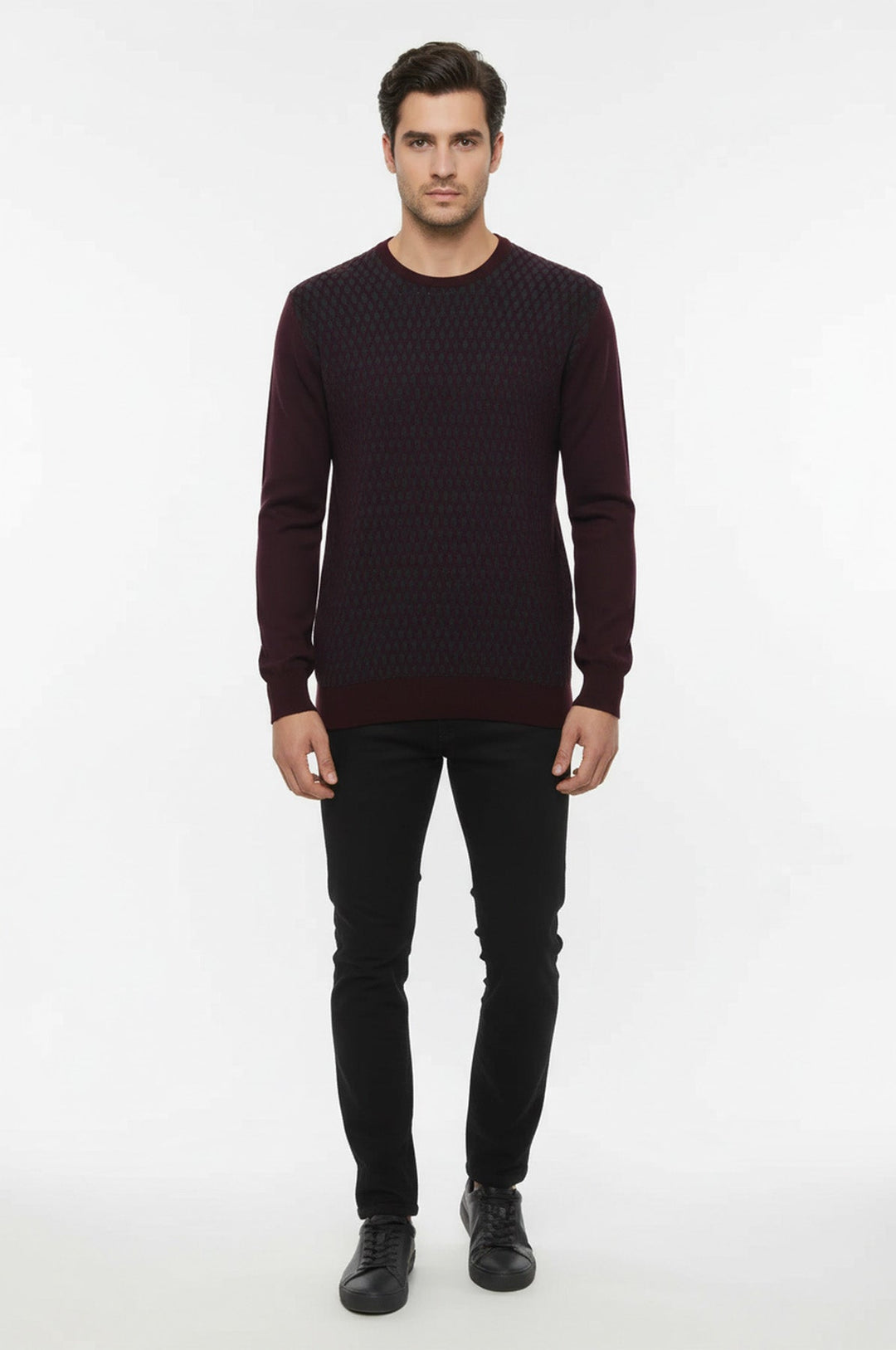 Pull Col Rond à Motifs Diamants Bordeaux - Wessi