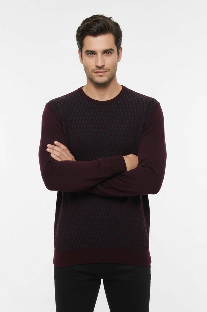 Pull Col Rond à Motifs Diamants Bordeaux - Wessi