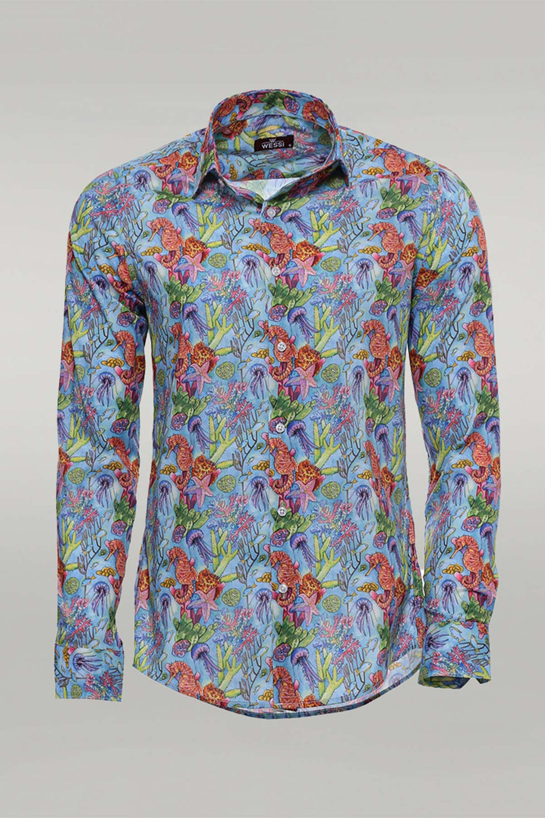Camisa Azul Marino Estampado Floral Rojo Slim-Fit Manga Larga - Wessi