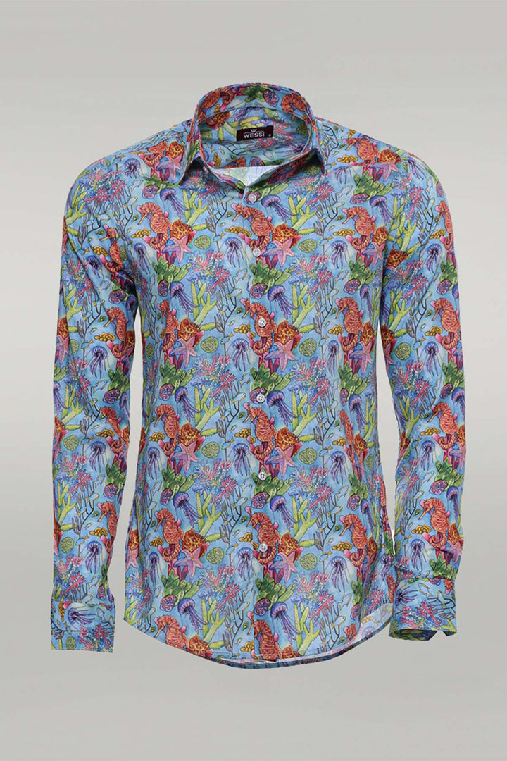 Camisa Azul Marino Estampado Floral Rojo Slim-Fit Manga Larga - Wessi