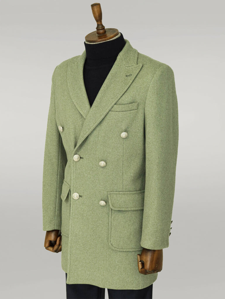 Metal Buttons Wool Cashmere Green Men Double Breasted Coat - Wessi