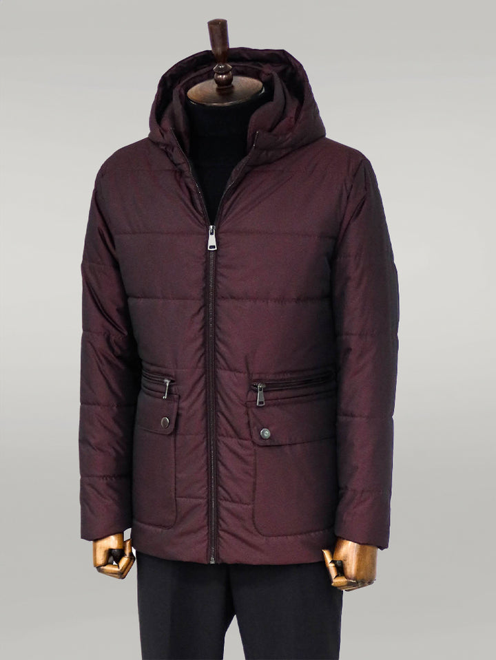 Slim Fit Hooded Burgundy Men Coat - Wessi