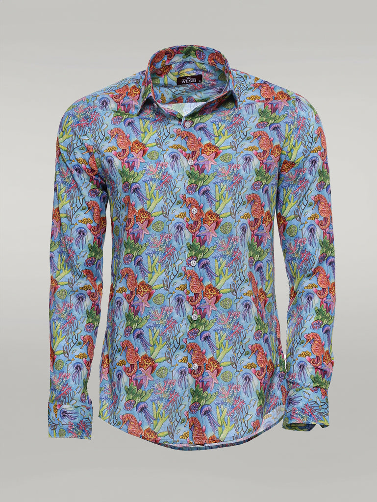 Camisa Azul Marino Estampado Floral Rojo Slim-Fit Manga Larga - Wessi