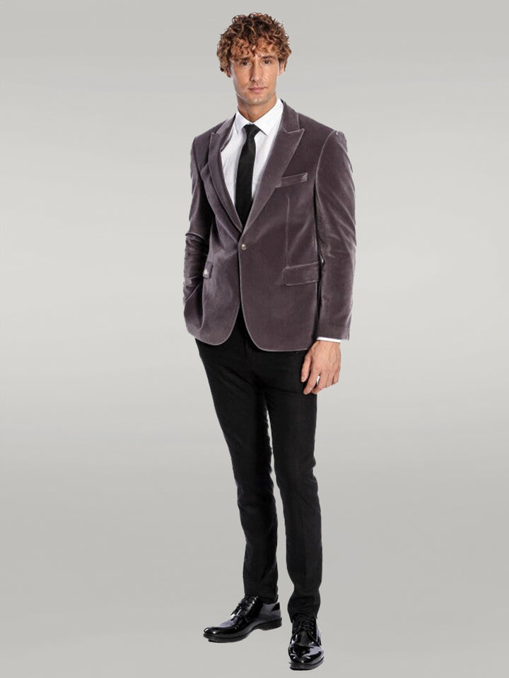 Blazer da uomo in velluto grigio con risvolto a lancia ampio e bottone singolo - Wessi