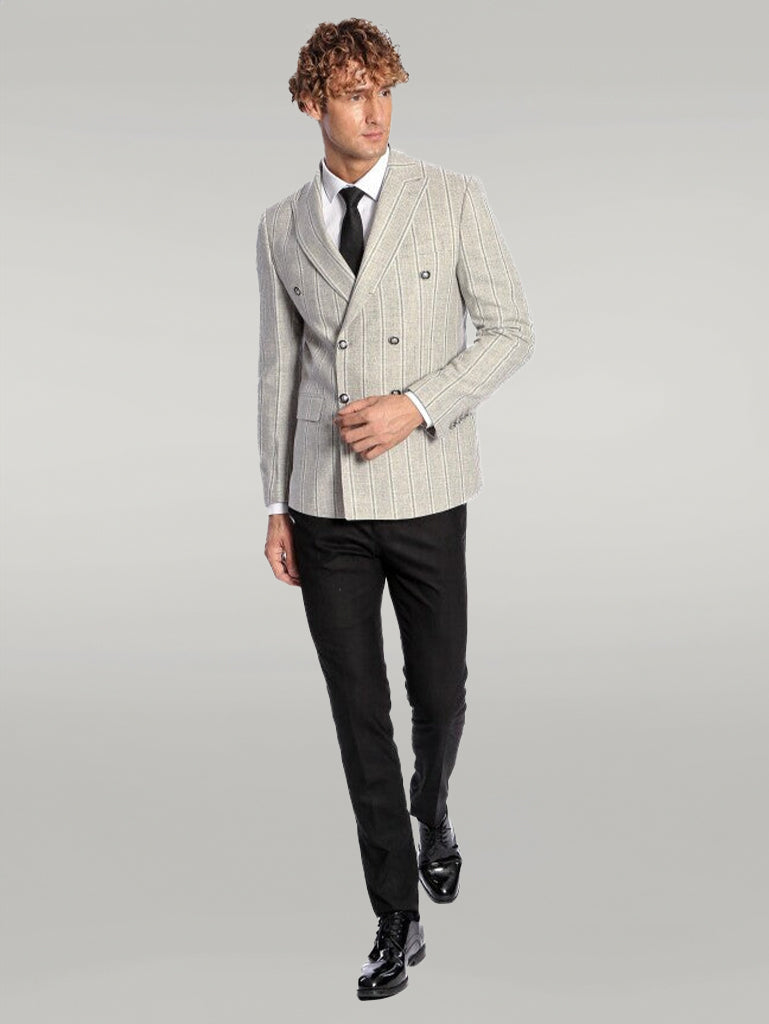 Wide Lapel Striped Double Breasted Grey Men Blazer - Wessi