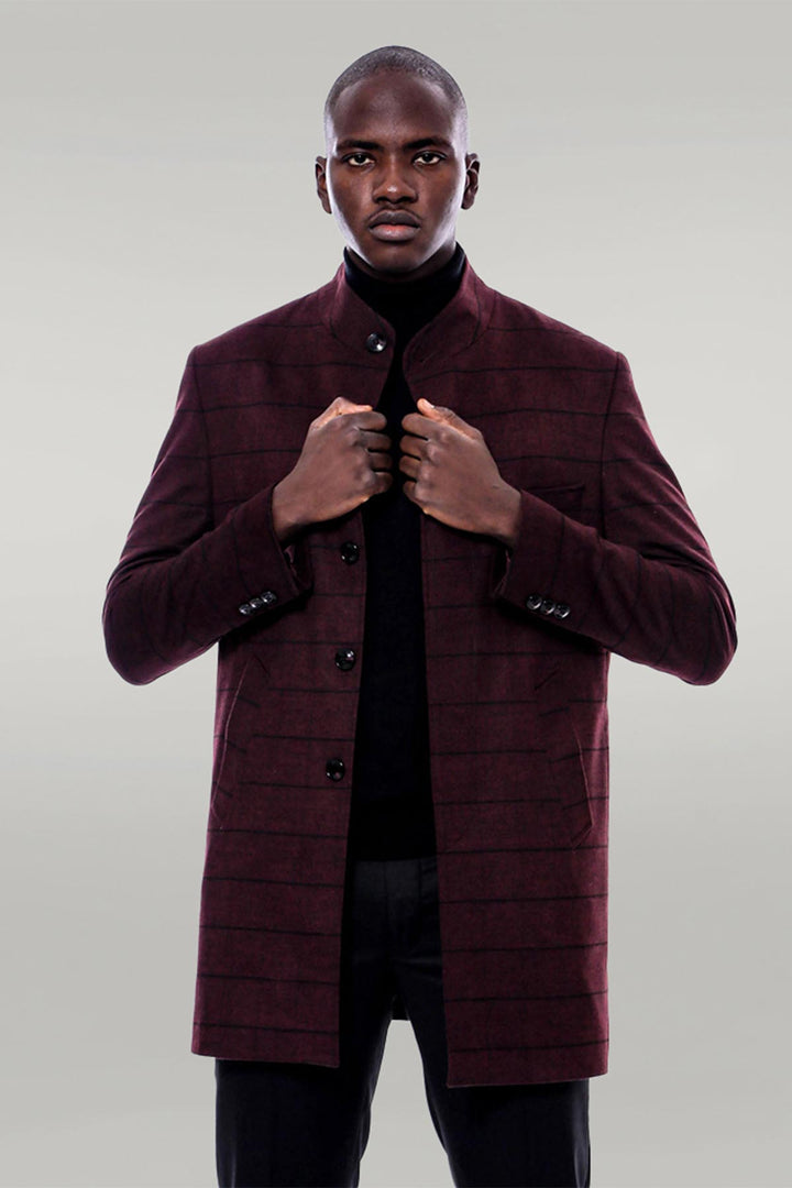 Cappotto a quadri bordeaux con colletto alla coreana - Wessi