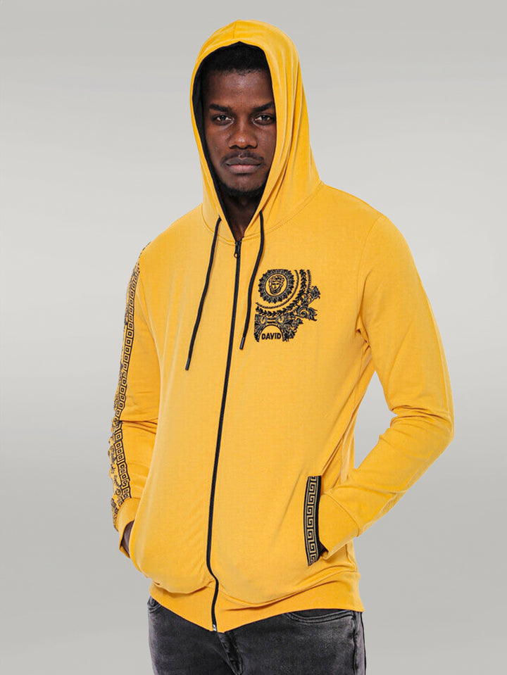 Patterned Hooded Zippered Yellow Sweatshirt - Wessi