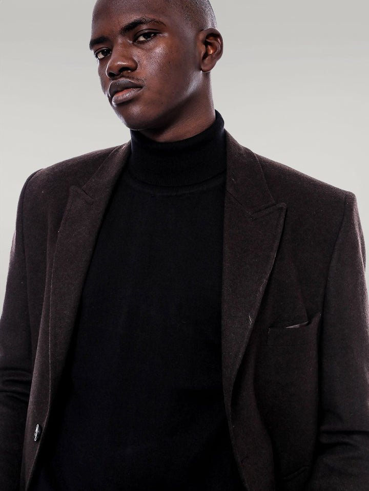 Wide Pointed Collar Over Knee Brown Men Coat - Wessi