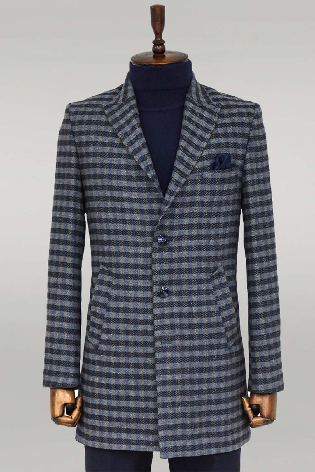 Abrigo Hombre Cachet Plaid Solapa Ancha Slim Fit Azul Marino - Wessi