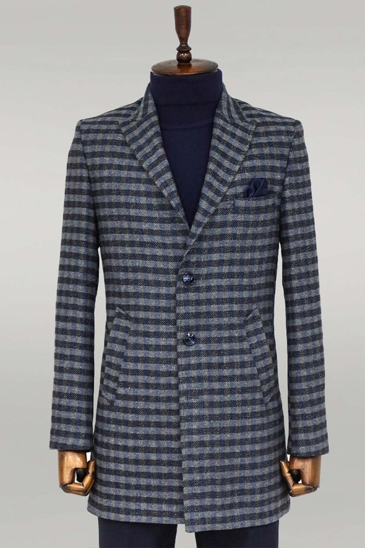 Abrigo Hombre Cachet Plaid Solapa Ancha Slim Fit Azul Marino - Wessi