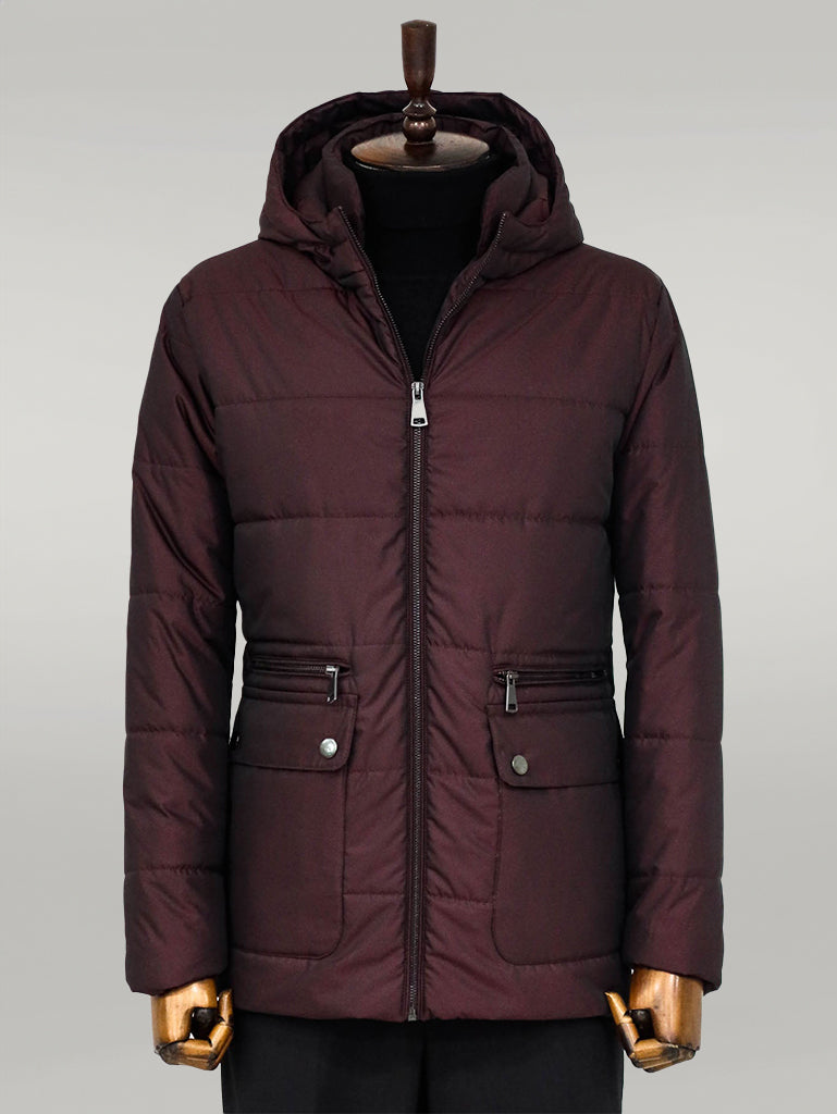 Slim Fit Hooded Burgundy Men Coat - Wessi