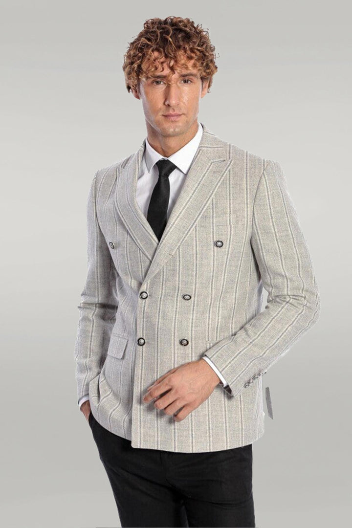 Wide Lapel Striped Double Breasted Grey Men Blazer - Wessi