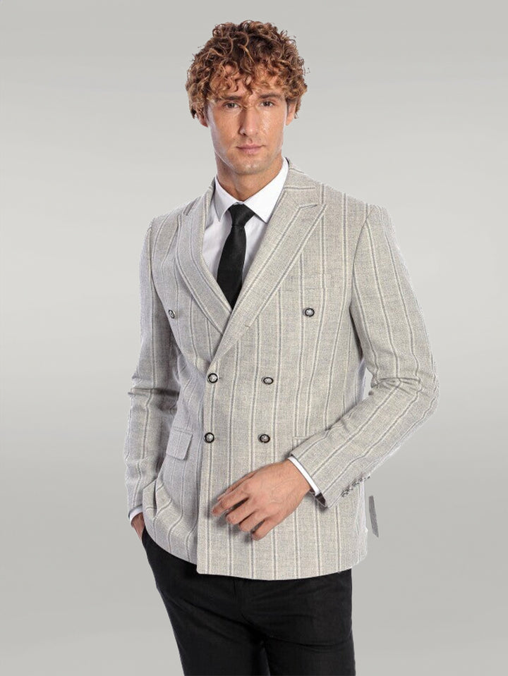 Wide Lapel Striped Double Breasted Grey Men Blazer - Wessi