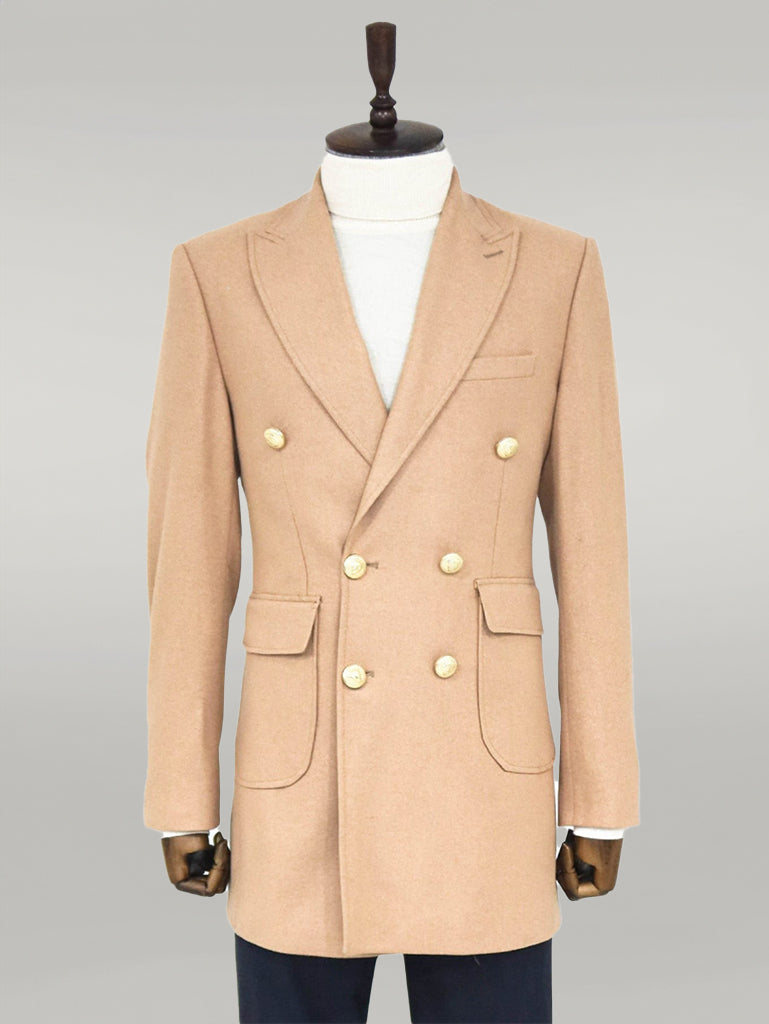 Metal Buttoned Double Breasted Cream Men Coat - Wessi