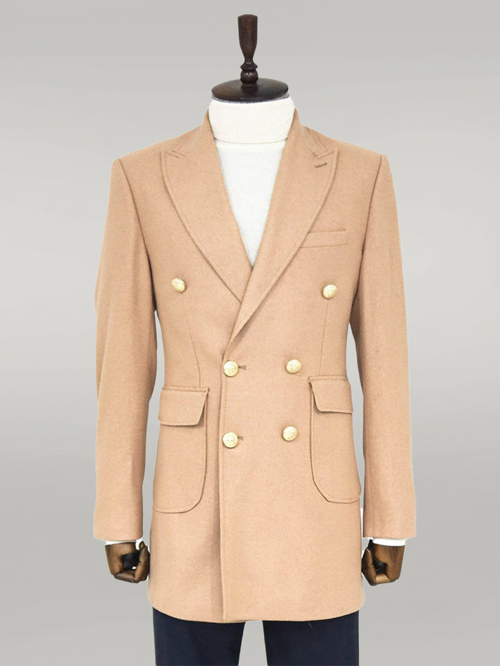 Metal Buttoned Double Breasted Cream Men Coat - Wessi