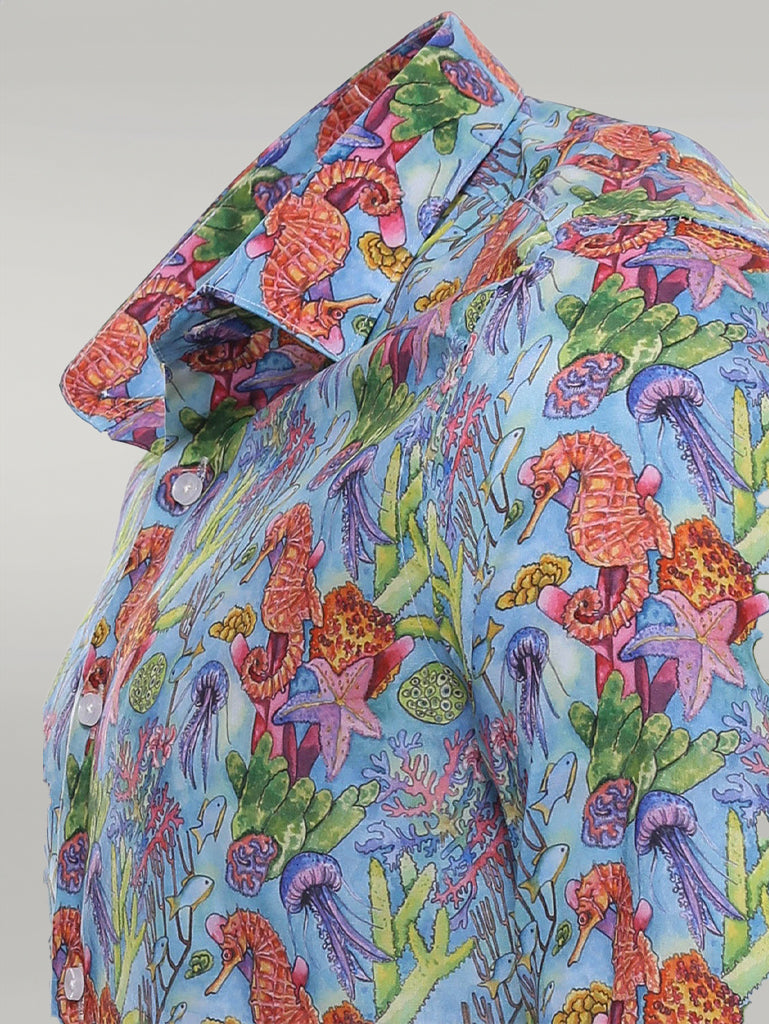 Camisa Azul Marino Estampado Floral Rojo Slim-Fit Manga Larga - Wessi