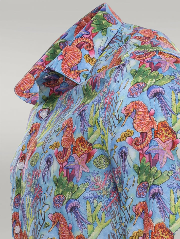 Camisa Azul Marino Estampado Floral Rojo Slim-Fit Manga Larga - Wessi