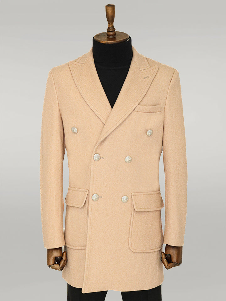 Metal Buttons Wool Cashmere Cream Men Double Breasted Coat - Wessi