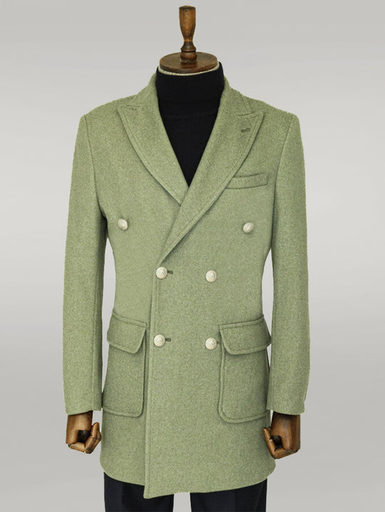 أزرار معدنية صوف كشمير أخضر معطف رجالي مزدوج الصدر - ويسي