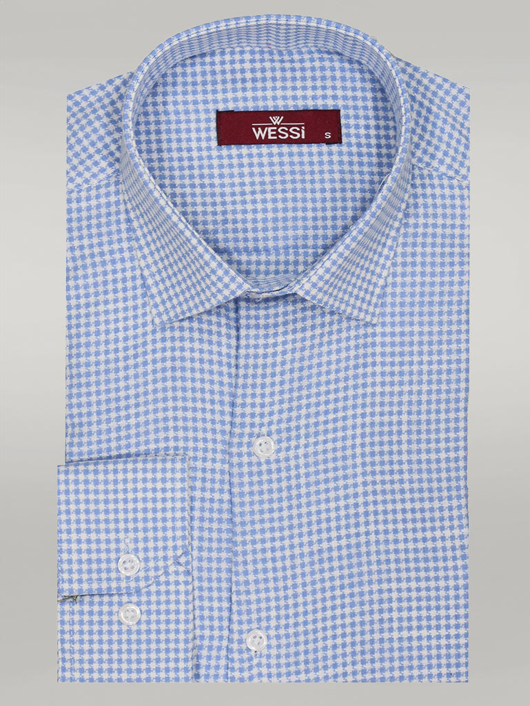 Houndstooth Pattern Sky Blue Men Shirt - Wessi