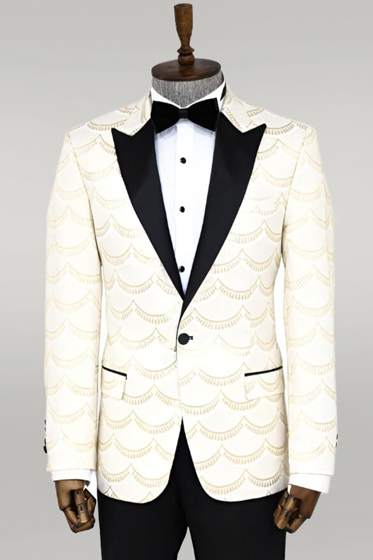 Patterned Slim Fit White Men Dinner Jacket Wessi
