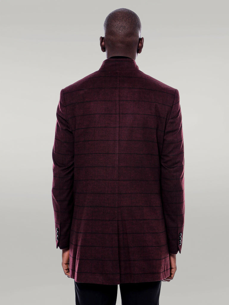 Cappotto a quadri bordeaux con colletto alla coreana - Wessi