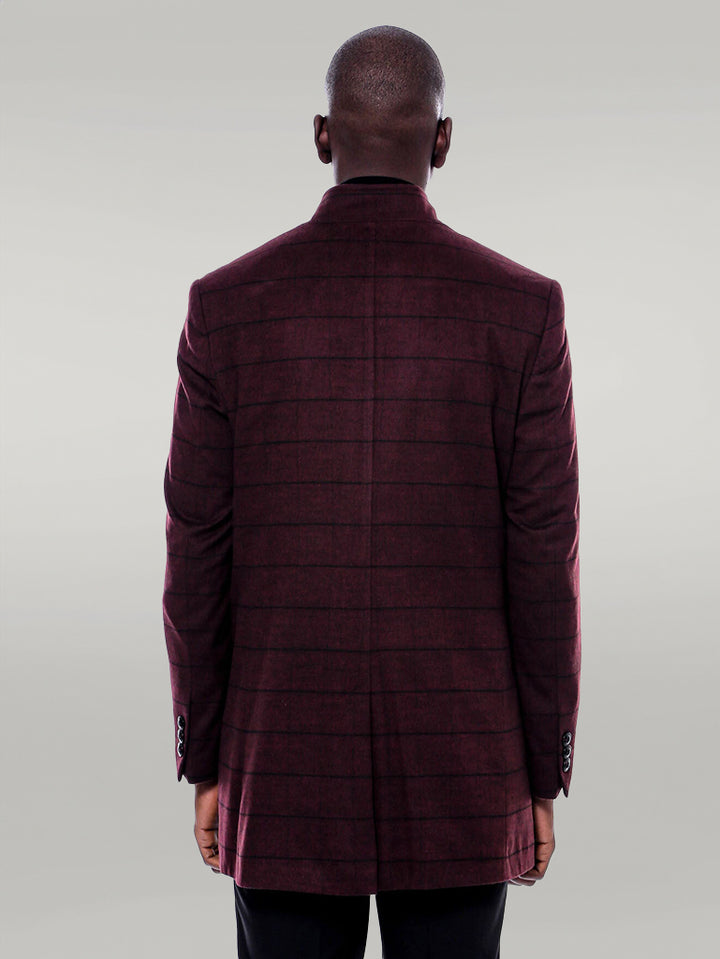 Cappotto a quadri bordeaux con colletto alla coreana - Wessi