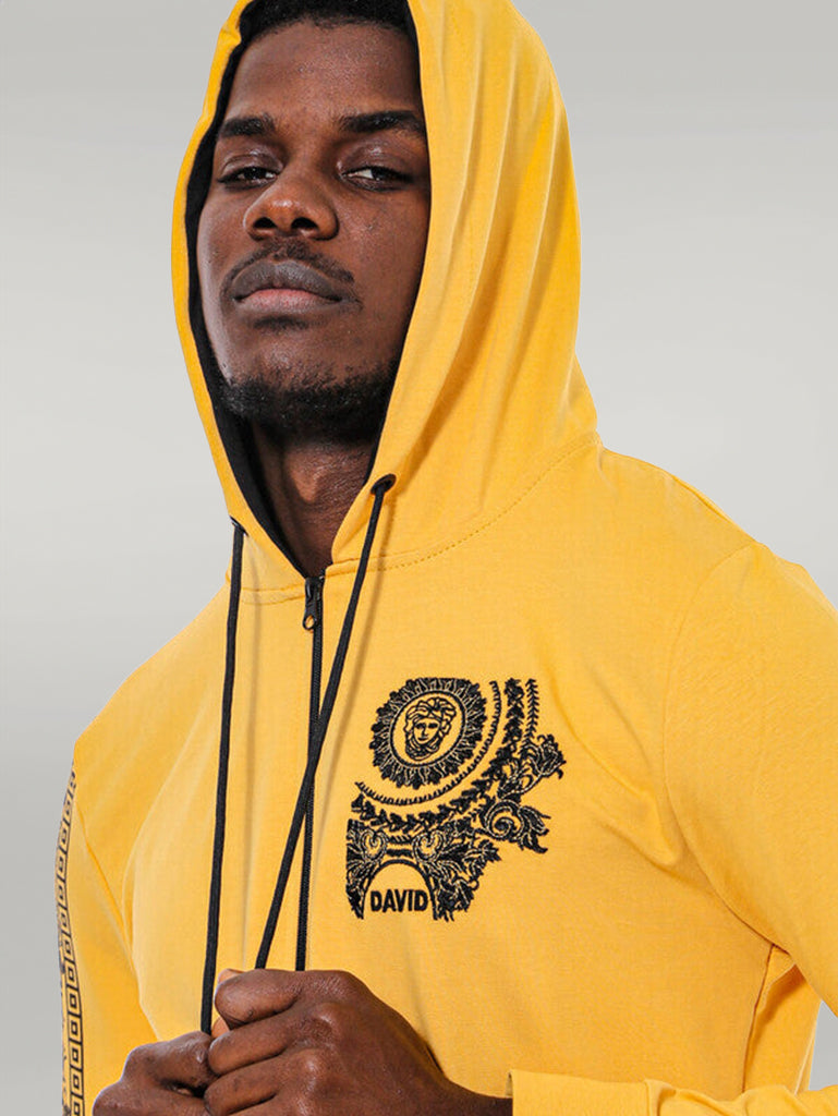 Patterned Hooded Zippered Yellow Sweatshirt - Wessi