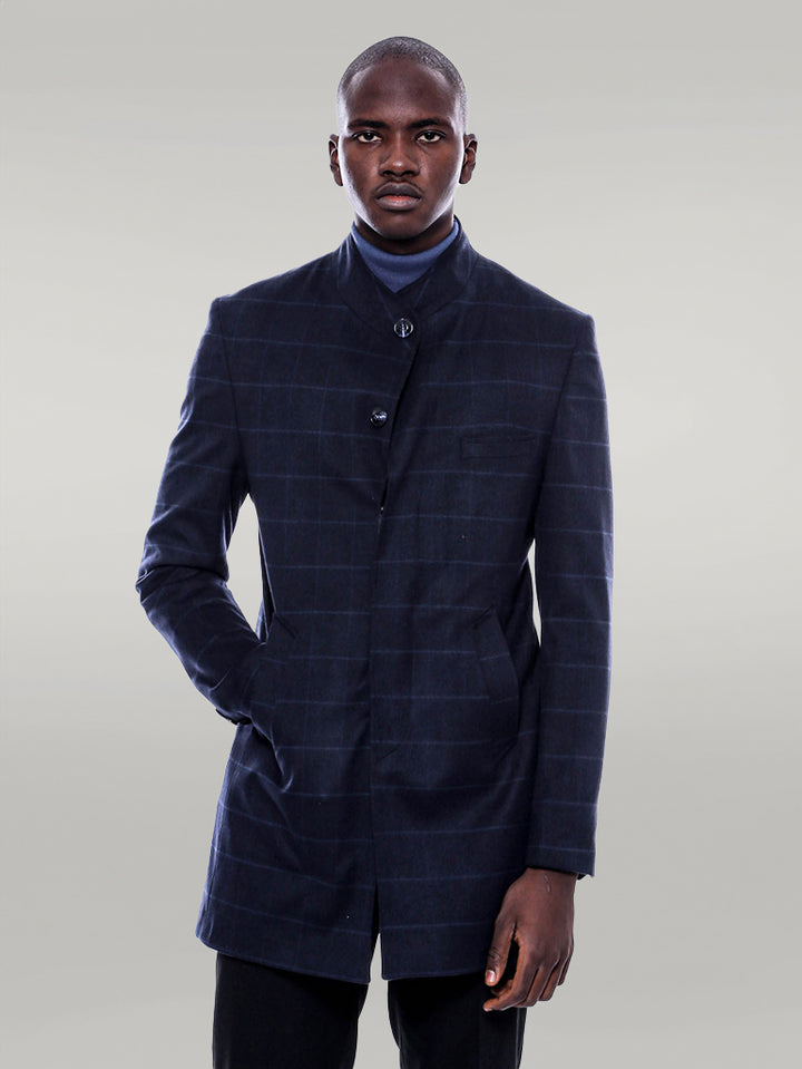Cappotto a quadri blu scuro con colletto alla coreana - Wessi
