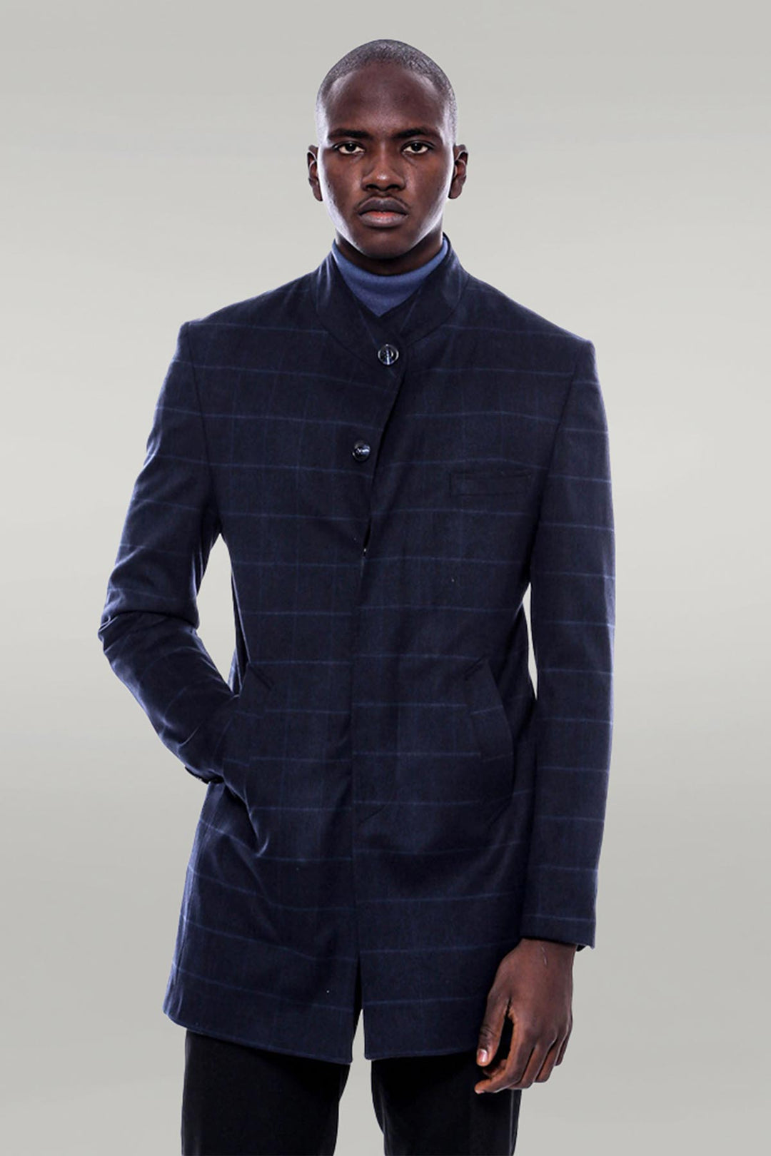 Cappotto a quadri blu scuro con colletto alla coreana - Wessi