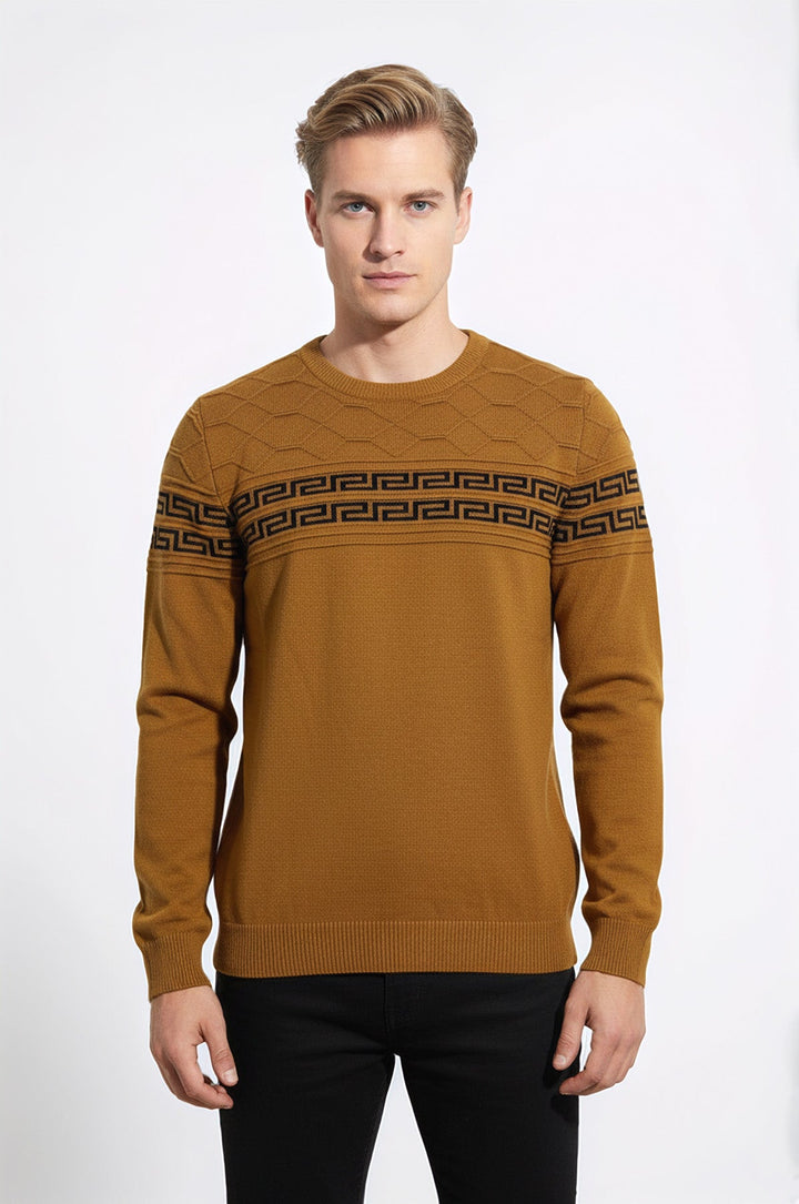 Crew Neck Knitwear Chest Patterned Over Camel - Wessi