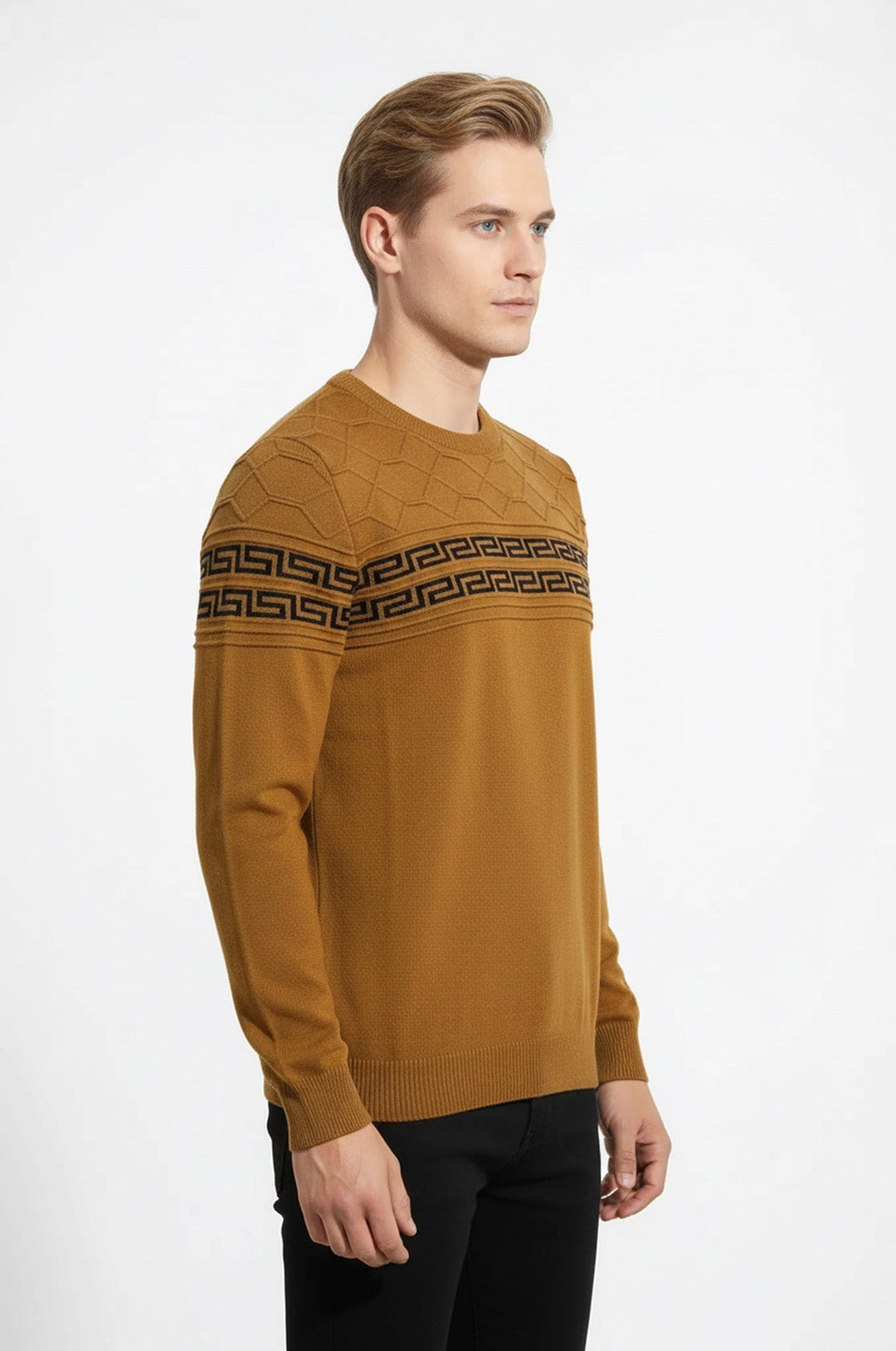 Crew Neck Knitwear Chest Patterned Over Camel - Wessi