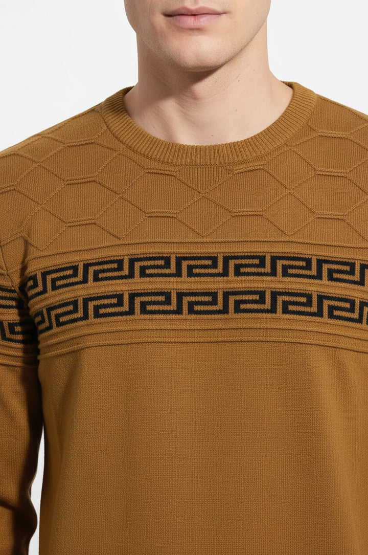 Crew Neck Knitwear Chest Patterned Over Camel - Wessi