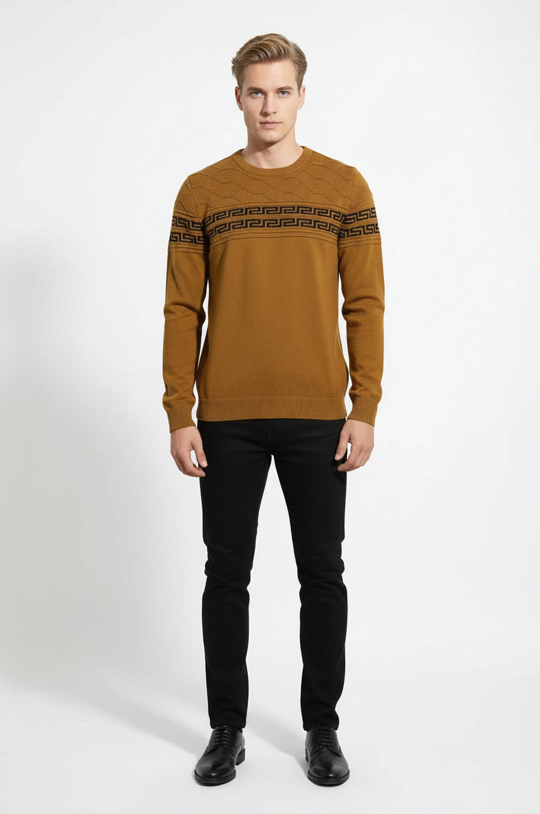 Crew Neck Knitwear Chest Patterned Over Camel - Wessi