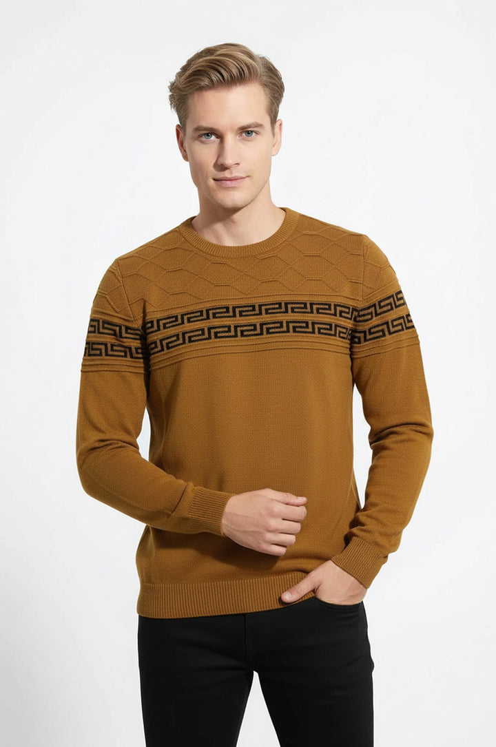 Crew Neck Knitwear Chest Patterned Over Camel - Wessi