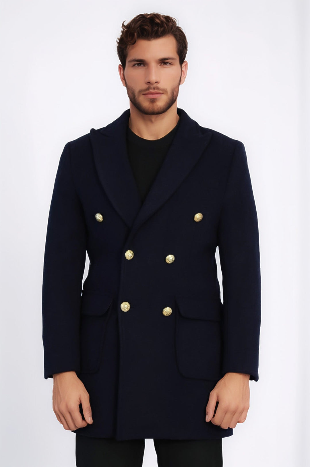 Navy Blue Metal Buttoned Double Breasted Long Coat - Wessi