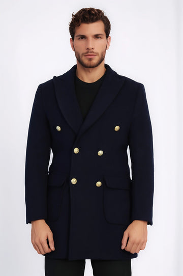 Navy Blue Metal Buttoned Double Breasted Long Coat - Wessi