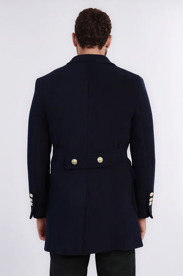 Navy Blue Metal Buttoned Double Breasted Long Coat - Wessi