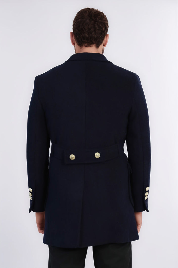 Navy Blue Metal Buttoned Double Breasted Long Coat - Wessi