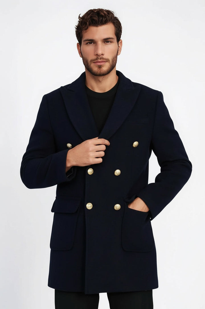 Navy Blue Metal Buttoned Double Breasted Long Coat - Wessi