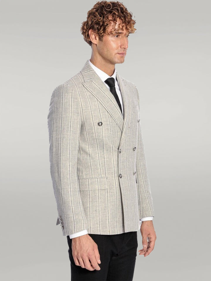 Wide Lapel Striped Double Breasted Grey Men Blazer - Wessi