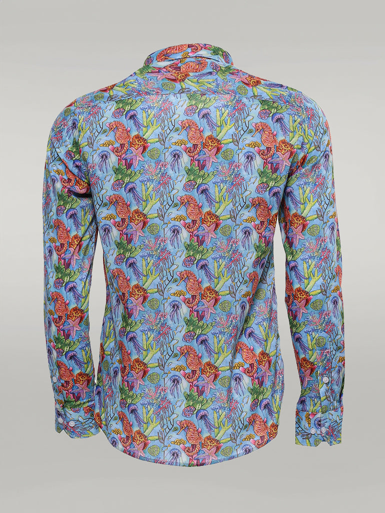 Camisa Azul Marino Estampado Floral Rojo Slim-Fit Manga Larga - Wessi