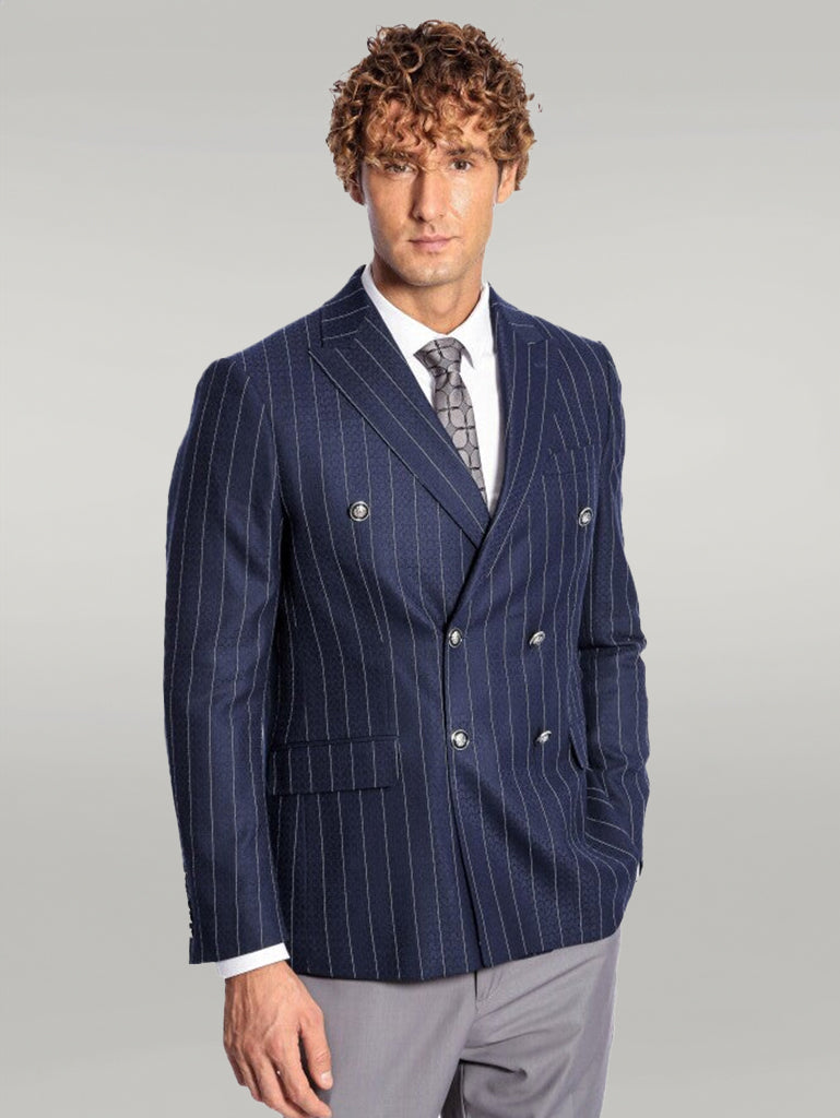 Double Breasted Slim Fit Striped Navy Blue Men Blazer Wessi