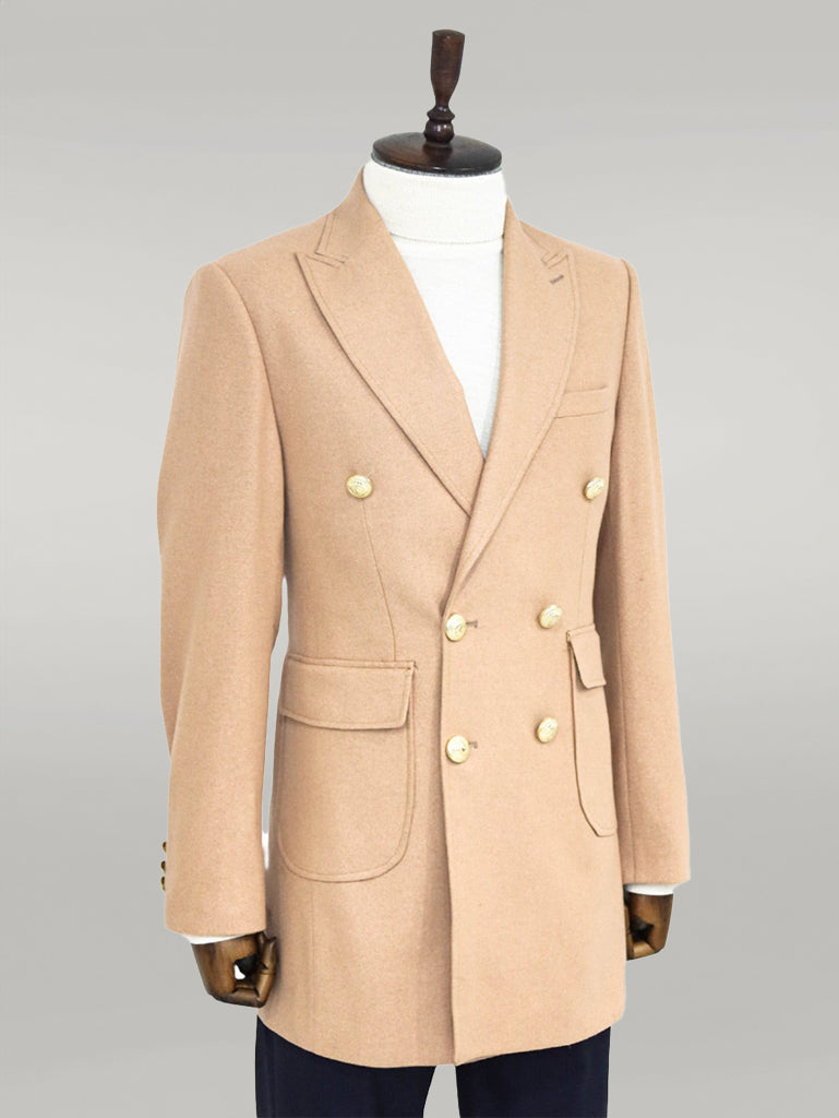 Metal Buttoned Double Breasted Cream Men Coat - Wessi