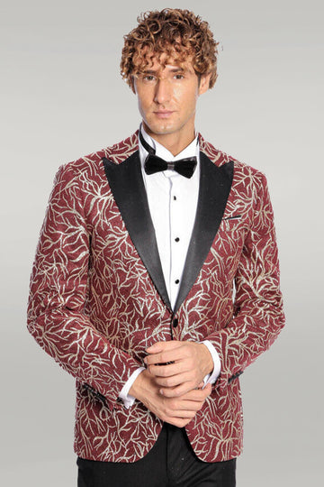 Red Glitter Vine Pattern Peak Lapel Tuxedo Jacket with Black Pants - Statement Party Attire